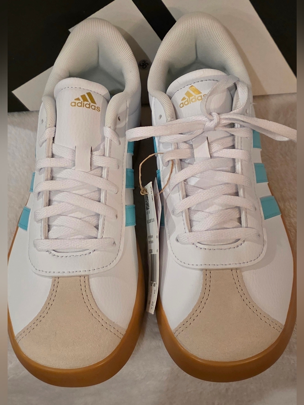 adidas White Sneakers with Aqua Stripes and Gum Sole - Picture 8 of 8